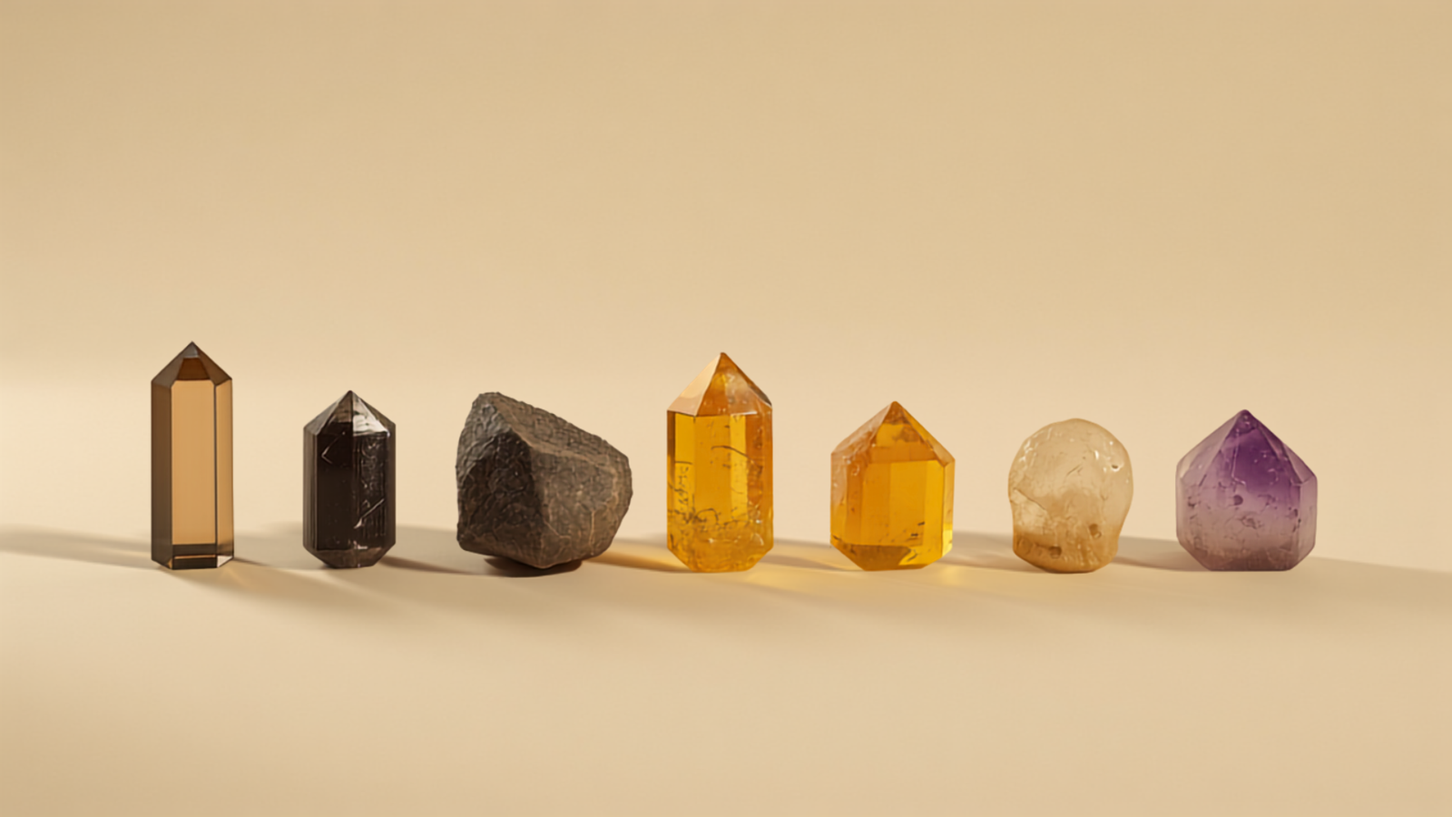 A row of real crystals in warm light — smoky quartz, hematite, black tourmaline, citrine, amber and amethyst