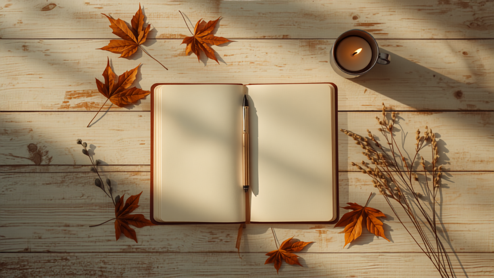 An open blank notebook and pen on a pale wooden table, a lit candle and scattered autumn leaves beside it in warm low light