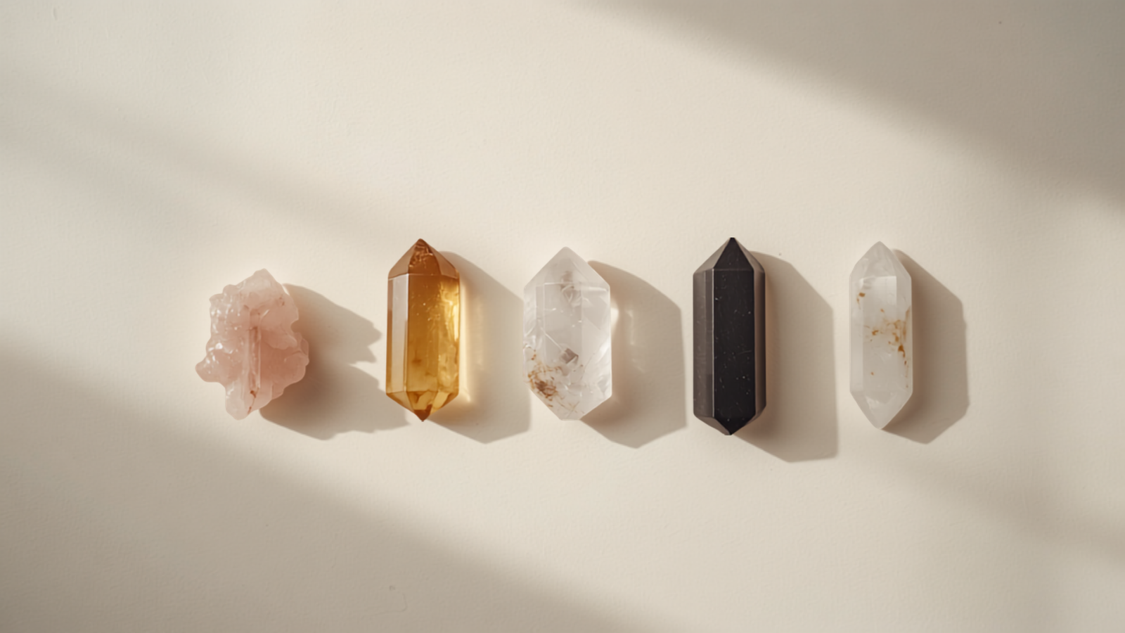 A row of real healing crystals: rose quartz, citrine, clear quartz, black tourmaline and selenite