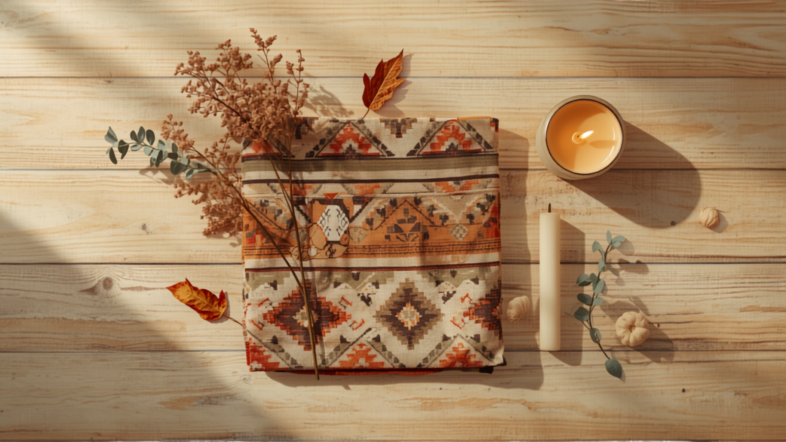 A warm autumn still-life: a folded textile with a bohemian block-print pattern in terracotta, rust and sage, beside a lit candle, dried seedheads, a sprig of eucalyptus and a few fallen leaves on pale wood in low golden light