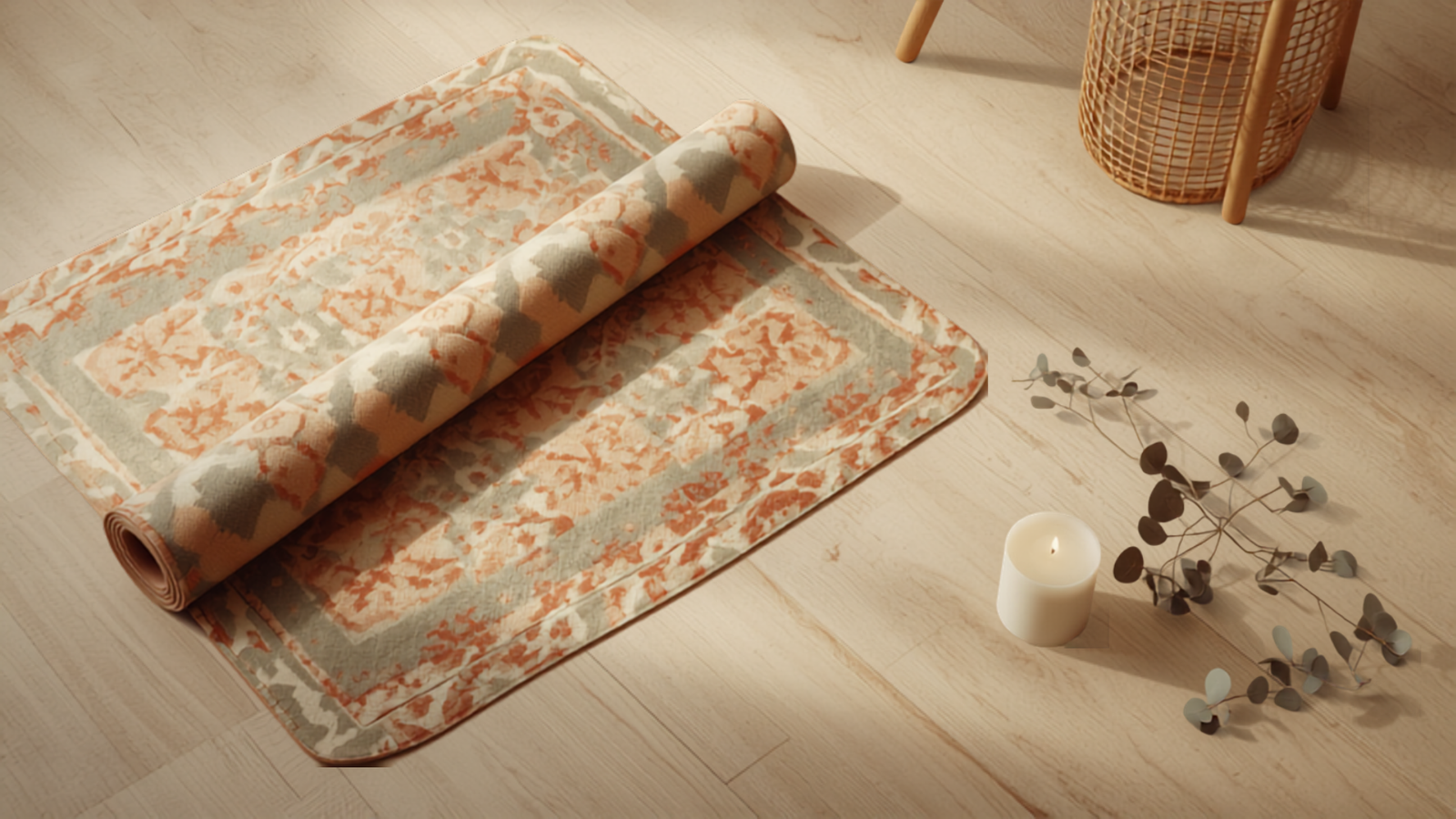 A half-unrolled yoga mat with a warm bohemian block-print pattern in terracotta, sage and cream on a pale wood floor, beside a lit candle and a sprig of dried eucalyptus