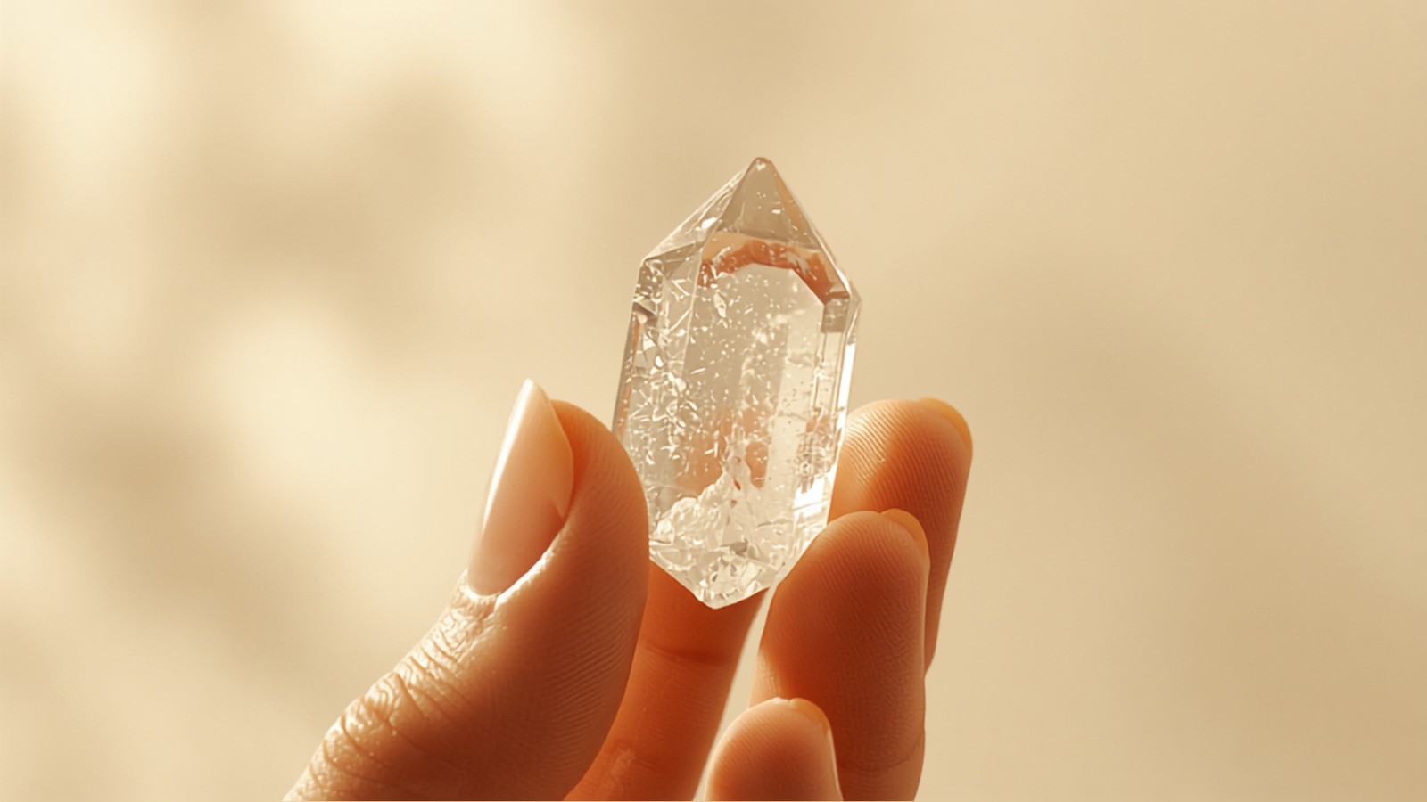 A clear quartz crystal point held up to soft natural light, examining its facets and texture