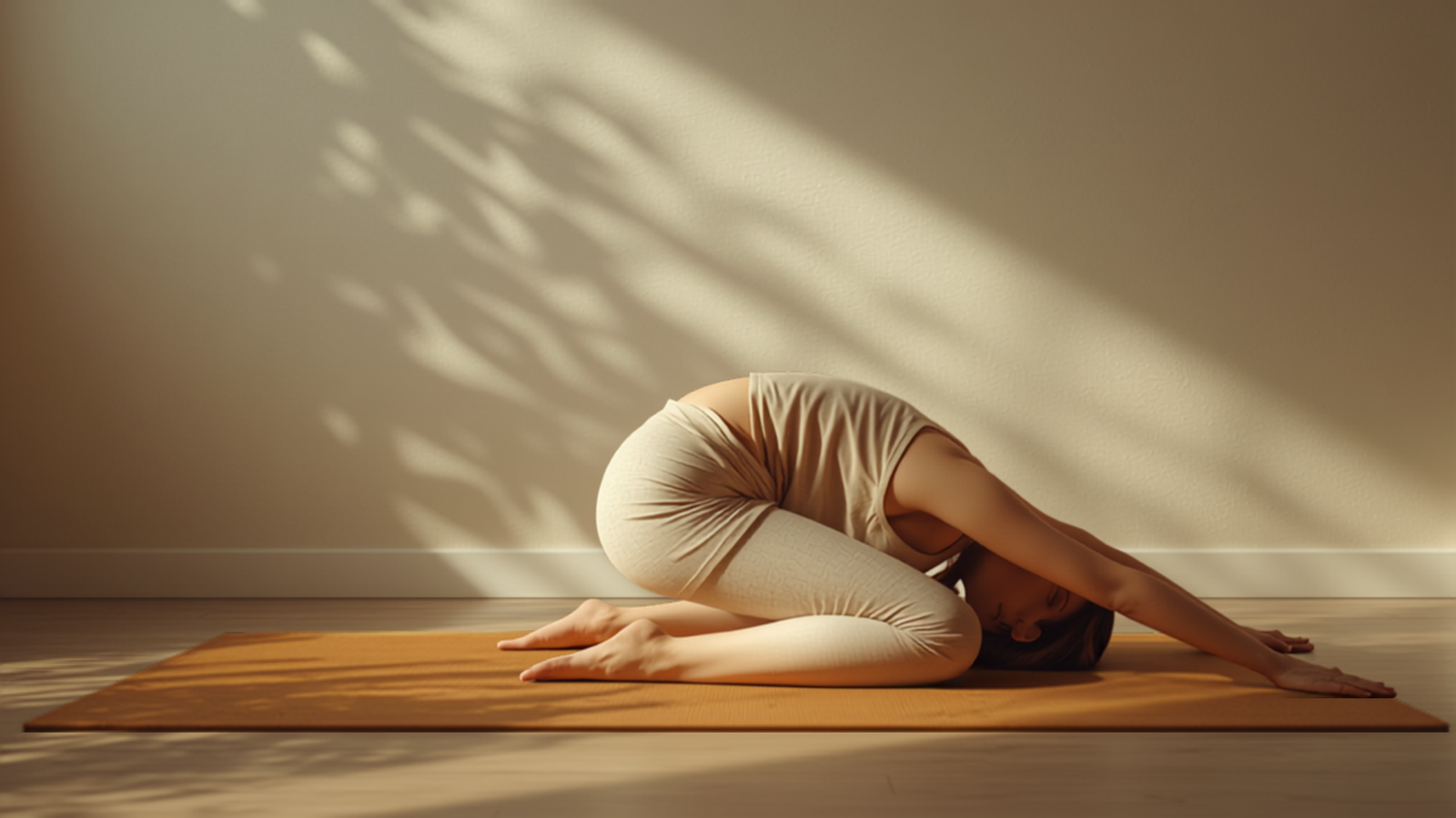 A person in Child's Pose, kneeling with their torso folded forward over their thighs and both arms stretched out along the mat