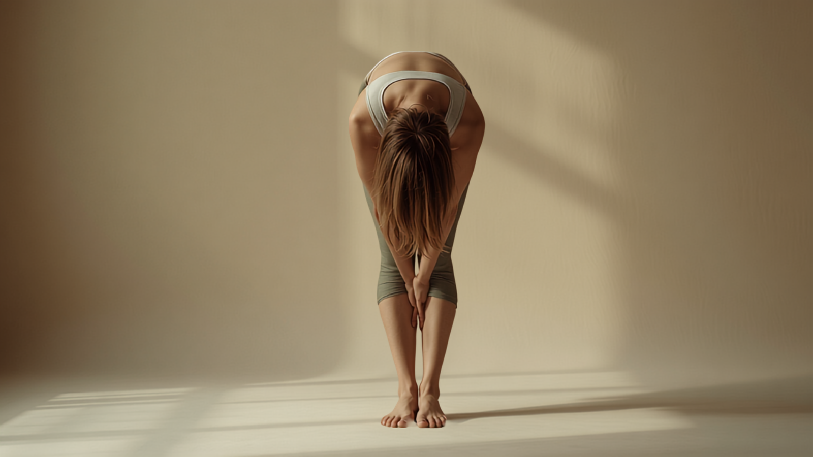 A person standing in a gentle forward fold, torso hanging over softly bent knees