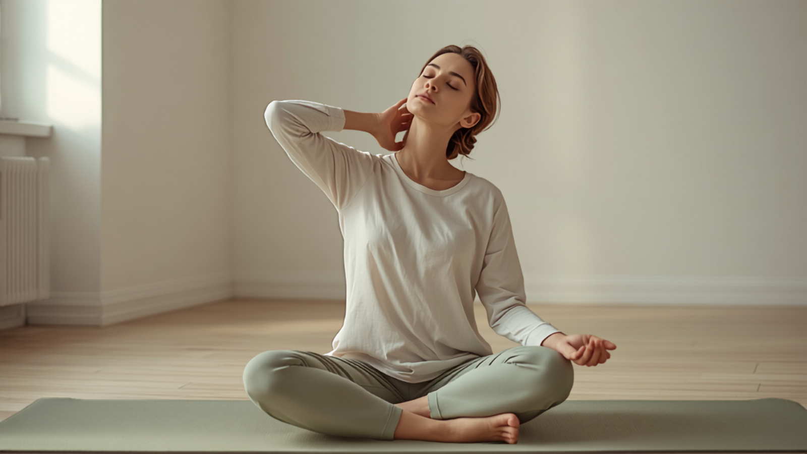 A person seated cross-legged with one hand resting on the back of their neck, gently stretching